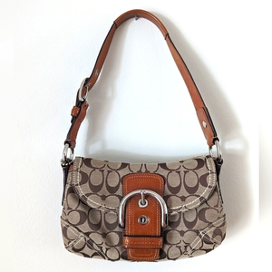Coach Brown Signature Canvas Shoulder Bag with Tan Leather Trim